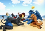 anthro beach beak biceps blue_body blue_feathers blue_hair blue_skin bottomwear clothed clothing cloud cuddling detailed_background exclamation_point feathered_wings feathers group hair hug male muscular outside pecs sand scales sea seaside shorts sky sunny tail topless water wings horse_feather snowroserivenstar gilian mythology gilian_(character) avian bird canid canine canis dinosaur dragon felid gryphon lion lizard mammal mythological_avian mythological_creature mythological_scalie pantherine prehistoric_species reptile scalie wolf 2012