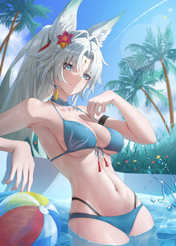 accessory armband ball beach_ball beads bikini blue_bikini blue_clothing blue_eyes blue_swimwear breasts choker clothing collarbone eyebrow_through_hair eyebrows eyelashes female flower flower_in_hair forehead_gem front-tie_bikini gem glistening glistening_breasts hair hair_accessory hair_beads inflatable inner_ear_fluff jewelry navel necklace plant smile solo swimwear thong_straps translucent translucent_hair tuft two-piece_swimsuit water wet white_hair solomongame0616 honkai:_star_rail mihoyo feixiao_(honkai:_star_rail) animal_humanoid canid canid_humanoid canine canine_humanoid fox_humanoid humanoid mammal mammal_humanoid 2025 absurd_res hi_res