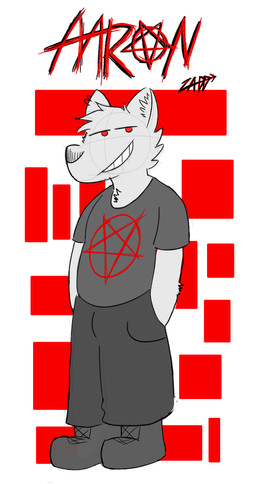 abstract_background anthro boots bottomwear cargo_pants clothed clothing ear_piercing footwear fur grey_body grey_fur grin hand_in_pocket head_tuft inner_ear_fluff male occult_symbol pants pentagram pentagram_top piercing pockets red_eyes shirt shoes smile smug smug_expression smug_face smug_grin solo symbol t-shirt text toony topwear tuft tufted_fur chadzadd aaron_(chadzadd) canid canine canis domestic_dog mammal absurd_res hi_res signature