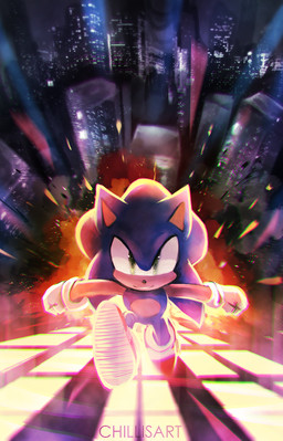 anthro biped blue_body blue_fur building city clothing detailed_background footwear fur gloves green_eyes handwear male night running shoes skyscraper smile solo spacecolonie sega sonic_the_hedgehog_(series) sonic_the_hedgehog eulipotyphlan hedgehog mammal 2015 hi_res