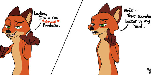 anthro countershade_face countershade_torso countershading dialogue ellipsis fur gesture gloves_(marking) green_eyes hand_gesture humor looking_at_viewer male markings open_mouth open_smile orange_body orange_fur pointing pointing_at_viewer simple_background smile solo standing tan_body tan_countershading tan_fur teeth text tongue unfortunate_wording white_background midnight-wizard disney zootopia nick_wilde canid canine fox mammal red_fox true_fox comic english_text signature