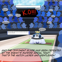 ambiguous_gender bdsm blue_body bondage bound cheering clothing crown dazed defeated dialogue diamond_(gem) dress exclamation_point female floppy_ears gag gagged gem gold_(metal) headgear question_mark solo_focus speech_bubble spiked_topwear spikes spiral spiral_eyes star_symbol text tiara wedding_dress wedding_veil soropin nintendo pokemon background_character glaze_(soropin) eeveelution generation_4_pokemon glaceon pokemon_(species) 1:1 colored english_text hi_res url