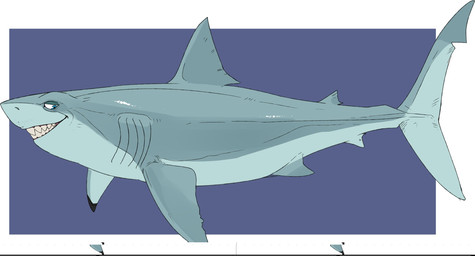 ambiguous_gender blue_background blue_body blue_eyes border dorsal_fin feral fin gills glistening glistening_eyes grin looking_aside sharp_teeth side_view simple_background smile solo teeth unsigned white_border swampjaws aquatic fish shark full-length_portrait hi_res portrait