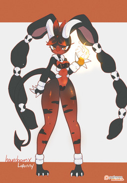 anthro black_body clothing female fire fusion horn leather leather_clothing pointed_tail pokemon_fusion solo torn_clothing twintails_(hairstyle) 100licorice nintendo pokemon donava_(100licorice) generation_2_pokemon generation_6_pokemon houndoom hybrid mega_evolution mega_lopunny pokemon_(species) hi_res