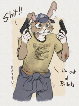 anthro blue_eyes clothing fur gun handgun hat headgear headwear holding_object holding_weapon male multicolored_body multicolored_fur pistol ranged_weapon shirt simple_background solo t-shirt tan_body tan_fur text topwear weapon white_body white_fur katsu_(artist) daniel_radcliffe_holding_two_guns left_4_dead_(series) valve ellis_(left_4_dead) lagomorph leporid mammal rabbit 2026 english_text hi_res