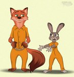 3_toes anthro barefoot brown_body brown_fur duo feet female fur grey_body grey_fur inmates_clothing male orange_jumpsuit prison_suit prison_uniform simple_background smile standing toes spesflake disney zootopia judy_hopps nick_wilde canid canine fox lagomorph leporid mammal rabbit red_fox true_fox hi_res