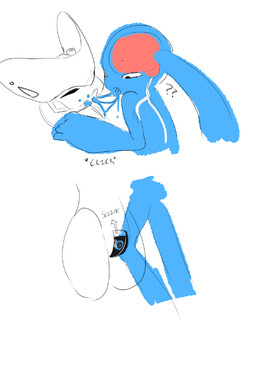 ambiguous_gender blue_body blue_ears blue_goo brain click duo humanoid_on_humanoid intersex kissing machine organs question_mark simple_background text white_background boxwater rits_(boxwater) tyrant_(boxwater) goo_creature goo_humanoid humanoid robot robot_humanoid 2025 comic digital_drawing_(artwork) digital_media_(artwork)