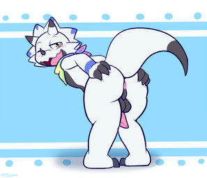 2_horns anthro anus balls bedroom_eyes bent_over big_butt black_balls black_body black_horn black_perineum black_scales blue_body blue_kerchief blue_markings blue_scales blush butt dipstick_horn erection facial_horn fingerless_(marking) genitals green_kerchief hand_on_butt horn kerchief looking_at_viewer looking_back male markings multicolored_horn multicolored_kerchief narrowed_eyes nose_horn one_eye_closed open_mouth penis perineum pink_anus pink_penis presenting presenting_hindquarters pupils purple_kerchief rainbow_kerchief rear_view scales seductive simple_background smile solo spread_butt spreading tapering_penis thick_thighs white_horn yellow_eyes yellow_kerchief felino bandai_namco digimon toby_the_gammamon digimon_(species) gammamon 2026 absurd_res hi_res