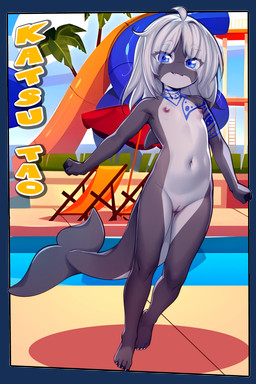 anthro areola biped blue_eyes detailed_background eyelashes female fluffy fluffy_tail genitals grey_body loli looking_at_viewer multicolored_body navel nipples nude outside plantigrade pupils smile tail text thick_thighs vulva young young_anthro young_female ai_assisted ai_generated_background sicmop aquatic cetacean mammal whale 2025 2:3 absurd_res alpha_channel hi_res