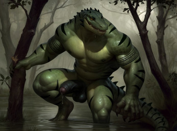 5_fingers abs anthro balls barely_visible_nipples big_muscles big_penis black_balls black_penis bodily_fluids branch claws darkened_nipples drooling feet fingers foreskin genital_fluids genitals glans green_body green_nipples humanoid_genitalia humanoid_penis male muscular muscular_anthro muscular_male navel nipples non-mammal_nipples nude nude_anthro nude_male pecs penis pink_glans plant precum saliva solo swamp tail tattoo teeth tree aduran crocodilian reptile scalie hi_res