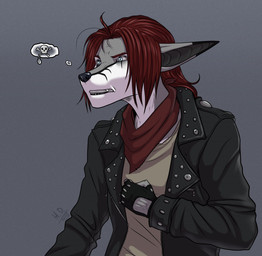 angry anthro biped black_clothing black_ears black_gloves black_handwear black_jacket black_nose black_topwear blue_eyes brown_hair clothed clothing dipstick_ears ear_markings eyebrows fangs female fingerless_gloves fur gloves grey_background grey_body grey_ears grey_fur hair handwear jacket kerchief leather leather_clothing leather_jacket leather_topwear multicolored_body multicolored_ears multicolored_fur neckerchief neckwear red_clothing red_eyebrows red_hair red_kerchief red_neckerchief shirt simple_background skull_and_crossbones snout solo tan_clothing tan_shirt tan_topwear teeth topwear two_tone_ears undershirt white_body white_fur year hastogs fallout microsoft katinka_vexoria tunnel_snakes_(fallout) canid canine mammal 2015 hi_res signature