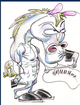abs anthro biped black_hooves dialogue green_mane green_tail grey_body hooves looking_up male mane nude pink_inner_ear simple_background solo speech_bubble tail text thinking white_background john_k nickelodeon ren_and_stimpy mr._horse equid equine horse mammal 2019 english_text hi_res shaded traditional_media_(artwork)