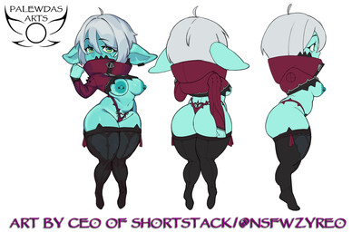 areola big_breasts big_butt breasts butt camel_toe clothed clothing ear_piercing exposed_breasts facial_scar female footwear green_eyes hair legwear magic_user nipple_piercing nipples not_furry panties piercing scar shortstack skimpy socks solo stockings tattoo turquoise_body turquoise_skin underwear white_hair womb_tattoo zyreo stella_(palewdasarts) goblin humanoid hi_res model_sheet