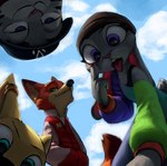 anthro black_nose bleh blue_eyes cheek_tuft clothed clothing cloud dipstick_tail ear_piercing ear_ring eyelid eyelid_pull eyelid_pull_taunt facial_markings facial_tuft female fully_clothed fur gesture green_eyes grey_body grey_fur group hand_in_pocket hat head_markings headgear headwear jacket light low-angle_view making_faces male markings multicolored_tail orange_body orange_fur outside piercing pink_nose pockets purple_eyes ring_piercing sky smile striped_body striped_fur stripes tail tail_markings taunting teasing teeth tongue tongue_out topwear tuft s1m theblueberrycarrots disney zootopia jack_savage judy_hopps nick_wilde skye_(zootopia) canid canine fox lagomorph leporid mammal rabbit red_fox true_fox 2020 digital_media_(artwork) hi_res lighting shaded