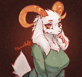 anthro big_breasts breasts brown_background chest_tuft clothing curved_horn eyebrows eyelashes female fluffy fluffy_tail green_clothing horn long_ears long_sleeve_shirt looking_at_viewer simple_background smile smiling_at_viewer solo tail tight_clothing tuft yellow_eyes manustuff bovid caprine goat mammal hi_res signature