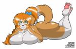 accessory anthro big_breasts big_butt biped bow_(feature) bow_accessory bow_ribbon breast_rest breast_squish breasts brown_body brown_fur butt curvy_figure feet female fur green_eyes hair hair_accessory hair_bow hair_ribbon hands_on_chin huge_breasts huge_butt long_hair looking_at_viewer lying multicolored_body multicolored_fur nude orange_hair pose red_hair ribbons slightly_chubby solo squish tail thick_thighs two_tone_body two_tone_fur voluptuous white_body white_fur wide_hips rdd skidd uberquest kibbles_(uberquest) canid canine canis domestic_dog mammal