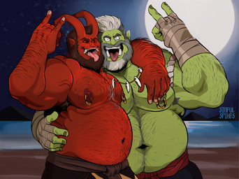 arm_hair arm_on_shoulder arm_wraps armpit_hair beard body_hair chest_hair clothed clothing devil_horns_(gesture) duo facial_hair fangs full_moon gesture green_body green_skin grey_hair hair hand_gesture horn humanoid_pointy_ears jewelry looking_at_viewer male mature_humanoid mature_male moon musclegut muscular muscular_humanoid muscular_male mustache navel necklace night nipple_piercing nipple_ring nipples not_furry open_mouth overweight overweight_humanoid overweight_male piercing pointy_ears red_body red_skin ring_piercing teeth tongue tongue_out topless topless_humanoid topless_male wraps sinfulspikes demon demon_humanoid humanoid orc 2023 hi_res