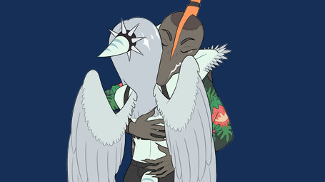 anthro biped black_bottomwear black_clothing black_crop_top black_pants black_shirt black_topwear blue_body bodily_fluids bone_frill bottomwear brown_body brown_hair clenched_teeth clothed clothed_anthro clothed_female clothed_male clothing collar crop_top crying duo elbow_feathers eyes_closed feathered_wings feathers female fingers floral_print frill_(anatomy) furgonomic_bottomwear furgonomics grey_body grey_feathers grey_hair hair hug humanoid_hands jacket long_hair male markings pants shirt short_hair short_tail simple_background spiked_collar spikes striped_markings stripes tail tears teeth topwear transparent_background wings unknown_artist goodbye_volcano_high ko_op_(game_developer) fang_(gvh) naser_(gvh) prehistoric_species pterosaur reptile scalie 16:9 alpha_channel colored hi_res widescreen brother_(lore) brother_and_sister_(lore) sibling_(lore) sister_(lore)