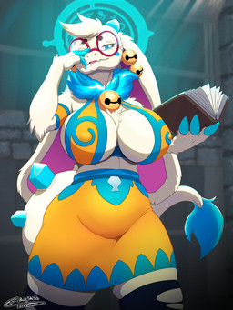 absolute_territory adjusting_glasses anthro bell big_breasts big_glasses blue_body blue_claws blue_clothing blue_eyes blue_fur book bottomwear breasts chest_tuft claws cleavage clothed clothing crystal curvy_figure eyewear female floppy_ears fur glasses halo huge_breasts legwear long_claws long_ears looking_at_viewer lop_ears low-angle_view midriff neck_tuft orange_clothing skirt slightly_chubby smile smirk solo stockings thick_thighs torn_clothing torn_legwear torn_stockings tuft voluptuous_female white_body white_fur wide_hips blizzmaster atlyss angela_flux oathkin_(atlyss) 2026 3:4 digital_media_(artwork) hi_res
