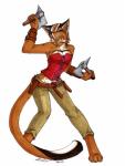 2012 absurd_res anthro asian_golden_cat axe belt biped bodice bottomwear catopuma clothed clothing domestic_cat felid feline felis female fur hair hi_res koshkio lariel leather looking_at_viewer mammal melee_weapon pants scabbard short_hair solo spots standing weapon