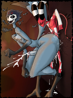 anal anal_penetration anthro bent_over big_butt bigger_bottom bodily_fluids butt clenched_teeth cum cum_drip cum_dripping_on_floor cum_in_ass cum_inside cumshot dripping duo ejaculation erection eyes_closed femboy genital_fluids hands-free huge_butt huge_thighs larger_sub lifting_another looking_back looking_pleasured male male/male male_penetrated male_penetrating male_penetrating_male nude penetration penile penile_penetration penis_in_ass power_bottom precum pressed_against pressed_against_wall red_body sex size_difference struggling submissive tail tall_bottom teeth text thick_thighs wet garudeer hazbin_hotel hellaverse helluva_boss blitzo_(helluva_boss) stolas_(helluva_boss) animal_humanoid avian avian_humanoid bird demon humanoid imp 3:4 digital_drawing_(artwork) digital_media_(artwork) english_text
