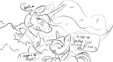 crown dialogue duo female female/female feral fur hair headgear heart_symbol horn humor simple_background tail text white_background haiku_oezu friendship_is_magic hasbro my_little_pony mythology princess_celestia_(mlp) twilight_sparkle_(mlp) equid equine mammal mythological_creature mythological_equine unicorn 2012 black_and_white english_text monochrome source_request