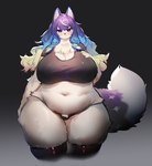 anthro big_breasts big_tail biped black_background black_clothing black_legwear black_nose black_shirt black_thigh_highs black_thong black_topwear black_underwear blonde_hair blue_hair blush breasts chest_tuft claws cleavage clothed clothing crop_top curvy_figure dipstick_tail eyelashes female finger_claws fingers fluffy fluffy_tail front_view fully_clothed fur glistening glistening_body glistening_clothing glistening_fur glistening_hair glistening_legwear glistening_shirt glistening_topwear gradient_background gradient_hair grey_background hair huge_breasts kemono legwear long_hair looking_at_viewer markings midriff multicolored_body multicolored_fur multicolored_hair multicolored_tail navel overweight pupils purple_body purple_claws purple_ears purple_eyes purple_fur purple_hair purple_tail shirt simple_background skimpy slightly_chubby small_head solo standing tail tail_markings thick_tail thick_thighs thigh_highs thong topwear translucent translucent_clothing translucent_shirt translucent_topwear tuft two_tone_body two_tone_fur two_tone_tail underwear voluptuous white_body white_fur white_markings white_tail wide_hips utterangle lifewonders tokyo_afterschool_summoners hekate_(tas) canid canine canis mammal absurd_res colored digital_media_(artwork) hi_res portrait shaded three-quarter_portrait