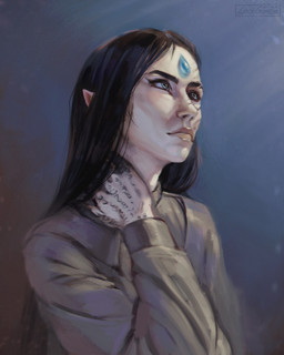 ambiguous_gender black_hair black_sclera blue_eyes clothed clothing grey_clothing grey_topwear hair humanoid_pointy_ears long_hair mouth_closed pointy_ears simple_background solo tan_body tan_skin topwear lostgoose elf humanoid 2022 dated half-length_portrait hi_res portrait signature female_(lore)