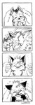 ambiguous_gender disembodied_hand exclamation_point eyes_closed fangs feral fur group headbutt jealous petting smile teeth trio silverfox5213 big_nug lil_nug canid canine canis fox human mammal red_fox true_fox wolf 2022 black_and_white comic hi_res monochrome male_(lore)