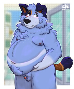 anthro balls beard belly belly_blush belly_up bloated blue_body blue_fur blue_hair blush bodily_fluids body_blush body_hair buried_penis cheek_bulge cheek_tuft chest_hair chest_tuft dripping ears_up facial_hair facial_tuft floppy_ears foreskin fupa fur genital_fluids genitals hair happy_trail holding_belly humanoid_genitalia humanoid_penis larger_but_small leaking_precum male markings moobs navel neck_tuft overweight overweight_anthro overweight_male pattern_background penis precum precum_drip precum_on_penis precum_string pubes shy simple_background slightly_chubby small_penis solo striped_body striped_fur striped_markings striped_tail stripes tail tail_markings tuft eliaslynxie bluey_(series) stripe_heeler australian_cattle_dog canid canine canis cattledog domestic_dog herding_dog mammal pastoral_dog 5:6 absurd_res hi_res watermark