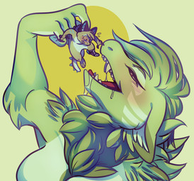 anthro blush blush_lines bodily_fluids breasts chest_tuft drooling duo female fur green_body green_fur imminent_vore looking_down male male/female multicolored_body multicolored_fur saliva scared sharp_teeth spiked_tail spikes spikes_(anatomy) tail teeth tongue tuft bileshroom canid canine mammal 2019