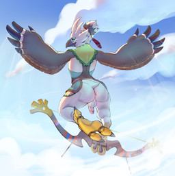 3_toes anthro anus balls beak blue_eyes blush bow_(weapon) butt claws clothed clothing feathers feet flying genitals glans half-erect humanoid_genitalia humanoid_penis male nude partially_clothed penis ranged_weapon smile soles solo thick_thighs toe_claws toes weapon white_body white_feathers wide_hips wings somfish nintendo tears_of_the_kingdom the_legend_of_zelda tulin_(tloz) avian bird rito absurd_res digital_media_(artwork) hi_res