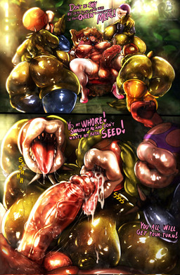 areola balls big_balls big_breasts big_butt big_penis bodily_fluids breasts butt clothing crown cum cum_in_mouth cum_inside dialogue erection female footwear genital_fluids genitals glans glistening glistening_body glistening_breasts glistening_butt glistening_genitalia glistening_glans glistening_lips glistening_penis glistening_skin glistening_thighs green_areola green_breasts green_nipples group gynomorph gynomorph/female headgear high_heels huge_breasts huge_butt intersex intersex/female kneeling_oral_position leaf leaf_arms legwear lips nipples nub_tail penis plant saliva sharp_teeth shoes stockings sweat teeth text thick_lips thick_thighs tongue tongue_out vein veiny_penis white_lips rongo_dombo mario_bros nintendo princess_peach elemental_creature elemental_humanoid flora_fauna human humanoid mammal piranha_plant plant_humanoid comic english_text hi_res signature