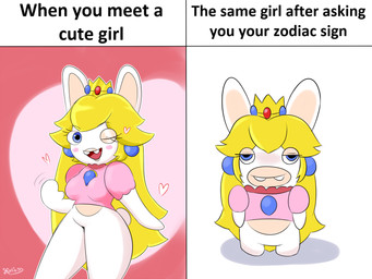 alternate_form anthro blonde_hair blue_ear_piercing blush bottomless bottomless_anthro bottomless_female breasts buckteeth closed_smile clothed clothed_anthro clothed_female clothing comparison crown ear_piercing eyebrow_through_hair eyebrows eyelashes featureless_crotch featureless_limbs female female_anthro flat_chested fur gem gesture hair happy headgear heart_symbol humor light lips long_ears long_hair looking_at_viewer medium_breasts mitten_hands mouth_closed multicolored_body noseless one_eye_closed open_mouth open_smile outline piercing pink_clothing pink_shirt pink_topwear red_background red_tongue ruby_(gem) sapphire_(gem) scut_tail shirt short_legs short_tail simple_background smile smiling_at_viewer solo standing straight_legs tail tan_body tan_eyelids tan_inner_ear tan_lips tan_skin teeth text text_box thick_thighs thin_eyebrows tongue topwear translucent translucent_hair two_tone_body waving waving_at_viewer white_background white_body white_fur white_outline white_tail wink winking_at_viewer xelius mario_bros mario_plus_rabbids_kingdom_battle nintendo raving_rabbids rayman_(series) ubisoft rabbid_peach lagomorph mammal rabbid 2024 4:3 absurd_res colored crossover digital_drawing_(artwork) digital_media_(artwork) english_description english_text hi_res lighting meme multiple_images shaded signature