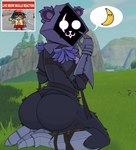 anthro arm_tuft armor armored_boots banana big_butt butt clothing duo eye_scar facial_scar female food fruit fur gauntlets gloves handwear kneeling looking_at_viewer looking_back looking_back_at_viewer obscured_face plant purple_body purple_fur purple_hood rear_view scar shoulder_tuft speech_bubble thick_thighs tuft white_eyes wide_hips saltynoodles epic_games fortnite live_reaction_(meme) meow_skulls raven_team_leader bear domestic_cat felid feline felis mammal absurd_res hi_res