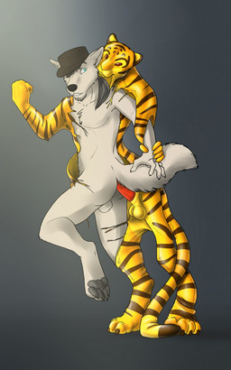 anthro anthro_on_anthro balls black_clothing black_hat black_headwear black_nose blue_eyes clothing duo erection fur genitals grey_hair hair hat headgear headwear imminent_anal male male/male markings nude penis red_penis simple_background standing striped_arms striped_legs striped_markings striped_tail stripes tail tail_markings white_balls white_body white_fur yellow_balls yellow_body hufnaar ulbrek canid canine felid goo_creature mammal pantherine tiger 5:8 hi_res