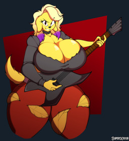 anthro big_breasts blonde_hair bottomwear breast_squish breasts brown_eyes cleavage cleavage_overflow clothed clothing curvy_figure electric_guitar eyelashes female fingers fur guitar hair highlights_(coloring) hourglass_figure huge_breasts looking_at_viewer multicolored_hair musical_instrument pants plucked_string_instrument purple_hair purple_highlights short_hair simple_background smile solo squish standing string_instrument teeth text thick_thighs torn_bottomwear torn_clothing torn_pants two_tone_hair voluptuous wide_hips yellow_body yellow_fur superix canid canine canis domestic_dog mammal 2018 artist_name digital_media_(artwork) hi_res