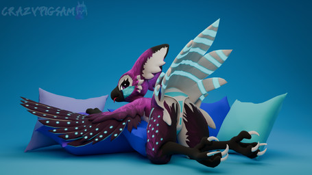 anthro blep clothing feathers glowing glowing_body glowing_feathers looking_at_viewer lying male on_front panties pillow purple_body smug_face solo tongue tongue_out underwear crazypigsam chipori 16:9 3d_(artwork) 4k absurd_res blender_(artwork) blender_cycles_(artwork) digital_media_(artwork) hi_res widescreen