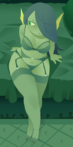 anthro bed bra breasts carpet clothing crossed_legs female fin furniture garter_belt garter_straps green_body green_eyes green_hair hair hair_over_eye legwear lingerie looking_down medium_breasts navel non-mammal_breasts non-mammal_navel open_mouth panties sharp_teeth sitting slightly_chubby slightly_chubby_anthro slightly_chubby_female solo stockings teeth thick_thighs underwear wide_hips penturice sarah_(penturice) aquatic fish absurd_res hi_res lineless
