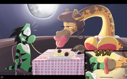 anthro big_breasts black_markings bound breasts chair duo eyes_closed female food furniture green_body green_skin hair half-closed_eyes hands_tied kiss_on_lips kissing larger_female lips lipstick makeup male markings moon narrowed_eyes nervous nervous_smile night onomatopoeia pasta ring_(marking) ringed_tail sitting size_difference smaller_male sound_effects spaghetti splat_(sound_effect) striped_markings striped_tail stripes table tablecloth tail tail_markings teeth text thick_lips jamearts cameron_(skunkdude13) giraffe giraffid lizard mammal reptile scalie 16:10 2016 absurd_res hi_res widescreen