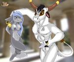 anthro black_hair blue_eyes blue_hair duo female fur grey_body grey_fur grey_nipples hair male nipples weapon white_body white_fur len4ik555 bovid bovine canid canine cattle mammal digital_media_(artwork)