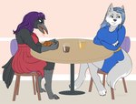 absurd_res anthro ashwolves5 avian big_breasts blue_clothing blue_dress breasts canid canine clothing date dress duo female female/female hi_res huge_breasts mammal messy_eater pouting red_clothing red_dress