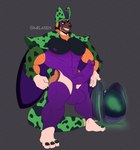 2021 3_toes abs absurd_res anthro balls barefoot black_nails brown_face canid canine cell_(dragon_ball) clenched_teeth colored_nails dragon_ball erection feet foreskin full-length_portrait genitals green_arms green_tail grey_background grin hi_res humanoid_genitalia humanoid_penis male mammal melaisen mottled mottled_body muscular muscular_anthro muscular_male nails pecs penis portrait purple_balls purple_body purple_penis saggy_balls simple_background smile solo standing tail teeth toes vein veiny_penis