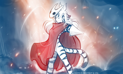 abstract_background anthro biped breasts cape cape_only casual_exposure cloak cloak_only clothed clothed_anthro clothed_female clothing cosplay crossover_cosplay featureless_crotch female front_view fur hair holding_object holding_weapon hornet's_needle looking_at_viewer markings mask mask_on_head mostly_nude red_cape red_cloak red_clothing small_breasts smile smoke sparks standing striped_body striped_fur striped_markings striped_tail stripes tail tail_markings weapon white_mask conditional_dnp tom_fischbach hollow_knight_(franchise) team_cherry twokinds flora_(twokinds) hornet_(hollow_knight) felid keidran mammal pantherine tiger 2025 crossover digital_drawing_(artwork) digital_media_(artwork) hi_res sketch