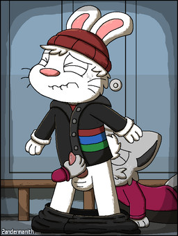 anal anthro balls beanie bodily_fluids bottomwear bottomwear_down clothed clothing duo erection eyes_closed fur genital_fluids genitals grey_body grey_fur hair hand_on_penis handjob handjob_while_rimming hat headgear headwear locker_room male male/male male_penetrated moan oral pants pants_around_ankles pants_down partially_clothed penetration penile penis precum reach_around rimming scut_tail sex short_tail standing tail text tilde_after_text whiskers white_body white_fur white_hair zandermanith domestic_cat felid feline felis lagomorph leporid mammal rabbit 2023 2d_animation animated artist_name dated digital_media_(artwork) hi_res loop pixel_(artwork) pixel_animation