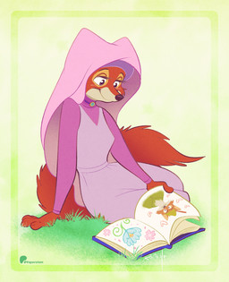 alternative_fashion anthro blush book choker classic_lolita clothing dress female fur grass hood j-fashion jewelry lolita_(fashion) necklace pink_clothing pink_dress plant reading reading_book red_body red_fur sitting smile solo tail vaporotem disney robin_hood_(disney) maid_marian robin_hood canid canine fox mammal true_fox 2025 digital_media_(artwork) hi_res