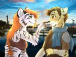 anthro boop breasts clothed clothing duo female fur hair male nose_boop red_hair smile spots stripes white_body white_fur falvie kiit0s ash_(ashkelling) keilani felid leopard mammal pantherine tiger 2017 artist_collaboration digital_media_(artwork)