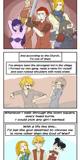 anthro bullying clothing dialogue female humor iltac lee_hyunwoo magic_user male melee_weapon profanity speech_bubble sword text warrior weapon vikozlav demon dwarf elf felid human mammal absurd_res comic english_text hi_res long_image tall_image url