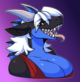 anthro big_breasts breasts clothing ears_down female fin hair horn non-mammal_breasts open_mouth pivoted_ears red_clothing sharp_teeth smile snout solo teeth tongue white_hair kaitofletcher mythology savannah_pendragon dragon mythological_creature mythological_scalie scalie bust_portrait hi_res portrait