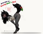 anthro bent_over biped black_hair black_nose black_tail bodily_fluids bottomless butt clothed clothing dialogue feet female glistening_thighs hair kiss_my_ass mistletoe mistletoe_on_tail plant side_view simple_background solo sweat sweaty_butt sweaty_legs sweaty_thighs tail text toes tongue conditional_dnp whisperfoot sami_(whisperfoot) canid canine mammal 2024 artist_name digital_media_(artwork) english_text hi_res